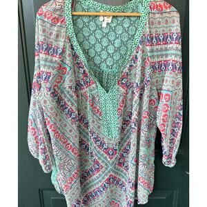 Anthropologie Fig & Flower Boho Tunic Top 3X Lace Back Global Print Beachy Artsy